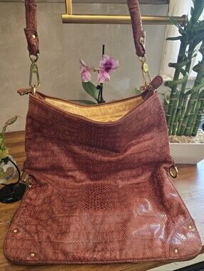 Joy Mangano Convertible Snake Print Folding Shoulder Bag Tote Brown